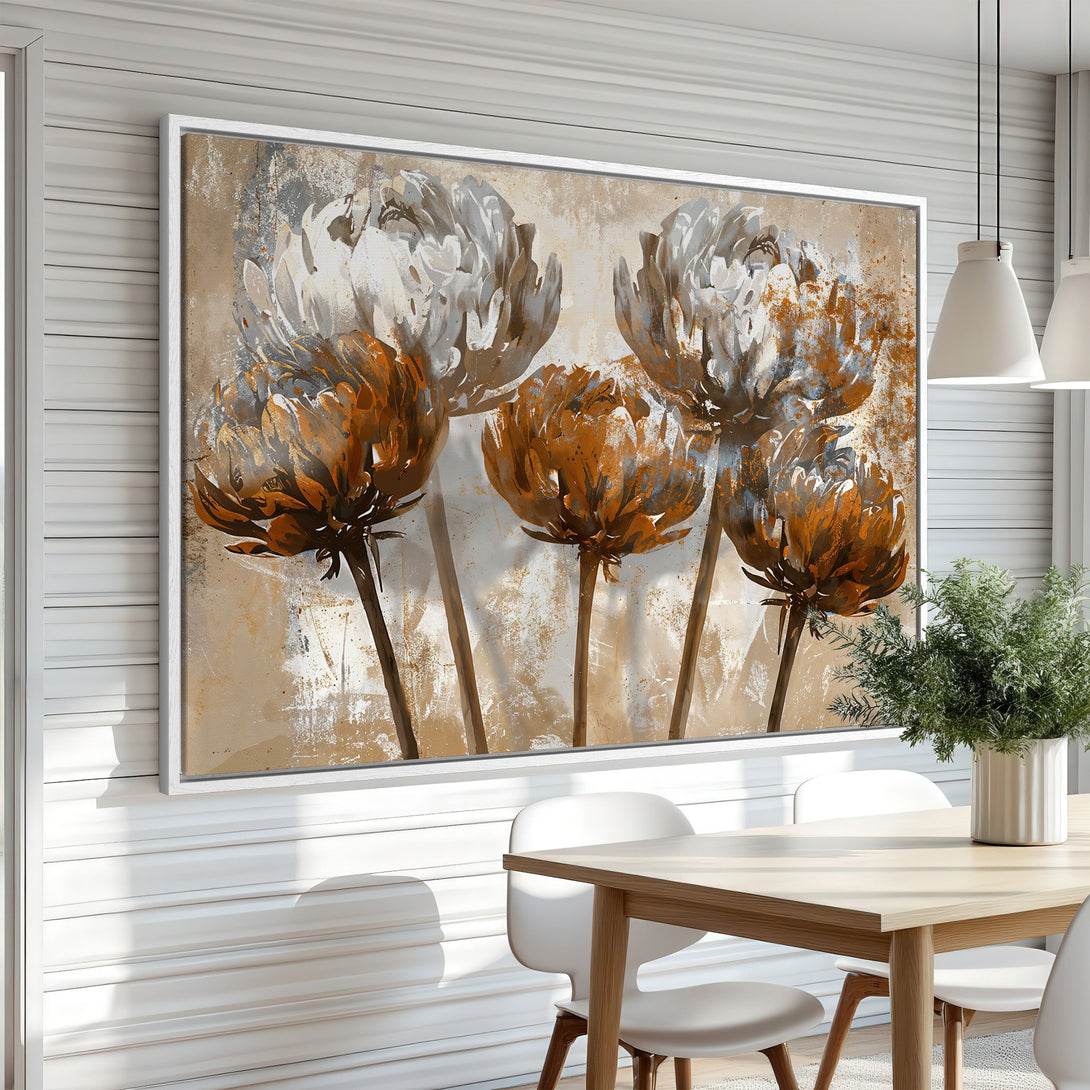 Framed Wall Art featuring abstract floral art in warm orange and neutral tones. Perfect for adding a touch of modern elegance to your dining room.