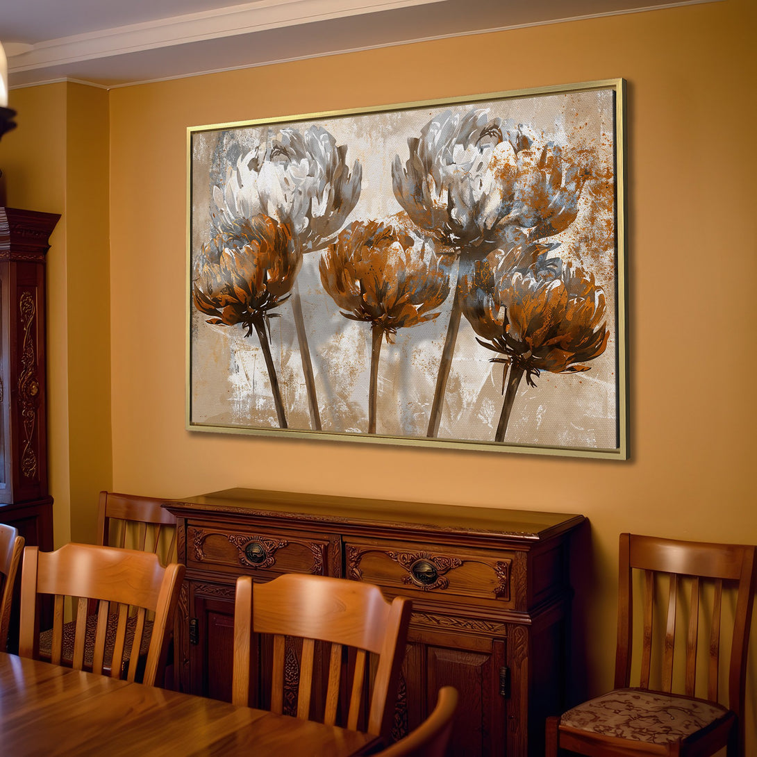 Canvas Print of abstract floral art in neutral tones, adding a touch of elegance to a living room. Earthy color palette.