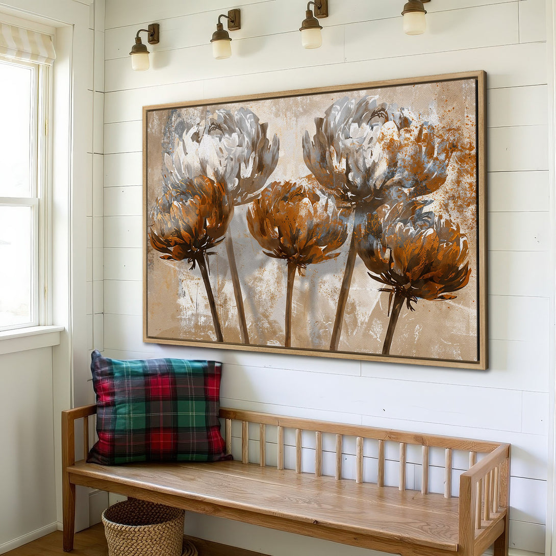 Framed Wall Art featuring abstract floral design in warm earth tones. Perfect for adding a touch of modern elegance to your home decor.