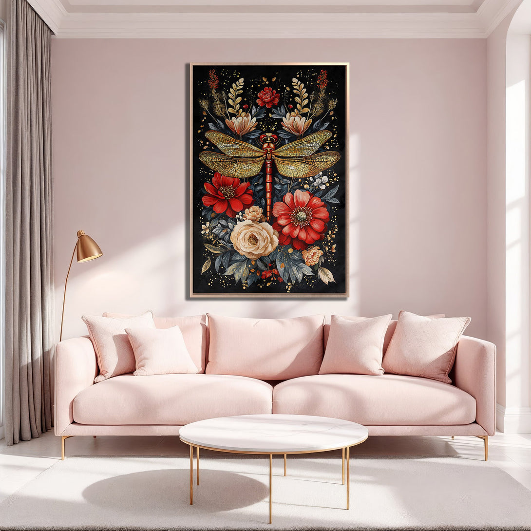 Framed Wall Art: Elegant dragonfly and floral design in red, gold, and black. Perfect for a modern living room, adding a touch of sophistication and color.