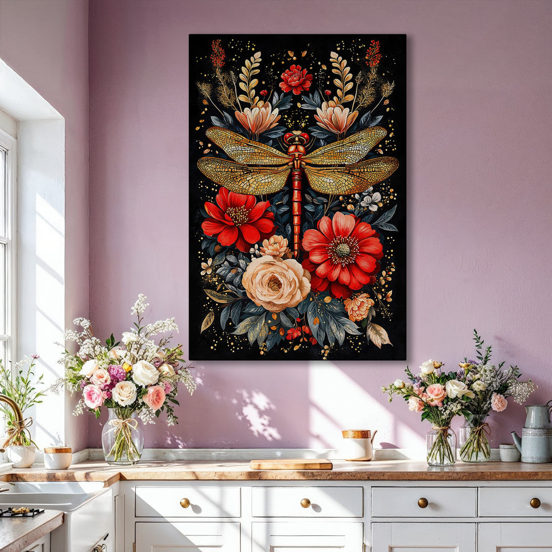 Framed Wall Art: Stunning dragonfly and floral art print with a black background, gold accents, and a vibrant red and cream color palette. Elevate your space!