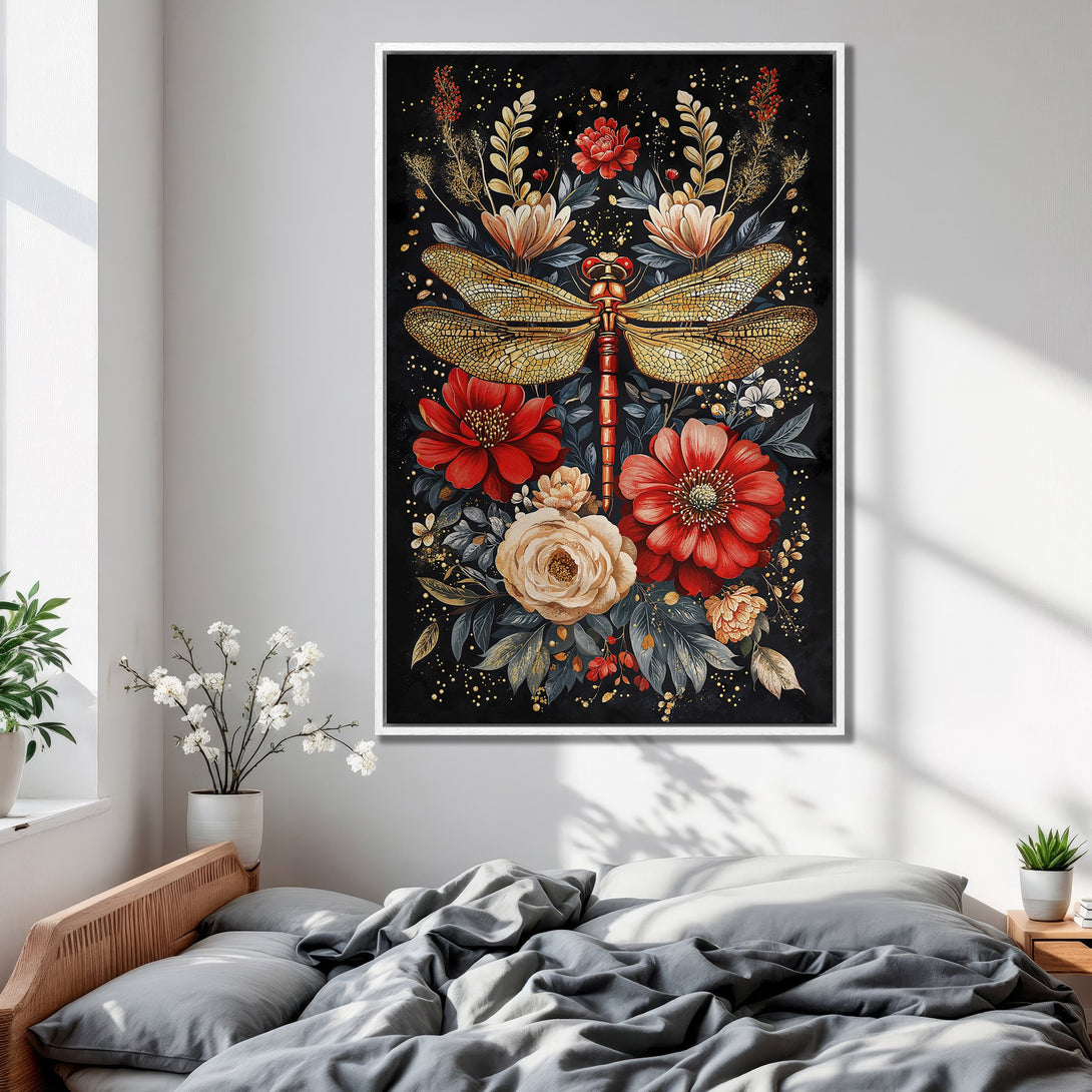Framed Wall Art: Dragonfly and floral design in rich red, gold, and black. Perfect bedroom decor, adds a touch of elegance and nature-inspired style.