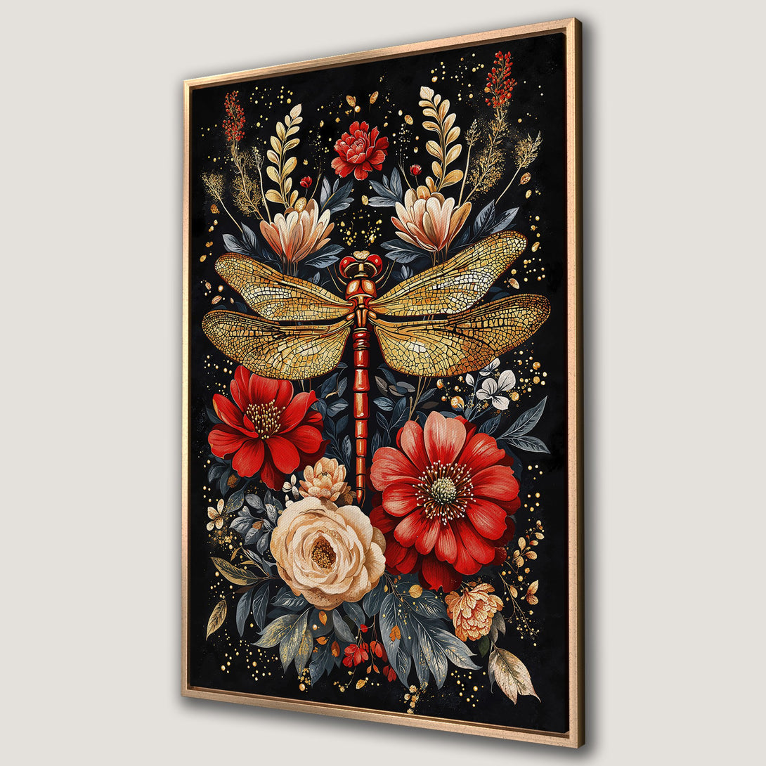 Framed Wall Art featuring a golden dragonfly and floral design with red, gold, and black color palette, perfect for adding elegance to any space.
