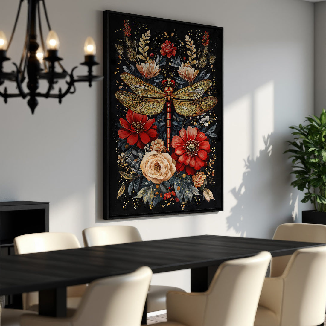 Framed Wall Art featuring a dragonfly and floral design. Rich red, gold, and black color palette. Perfect for adding a touch of elegance to your dining room.