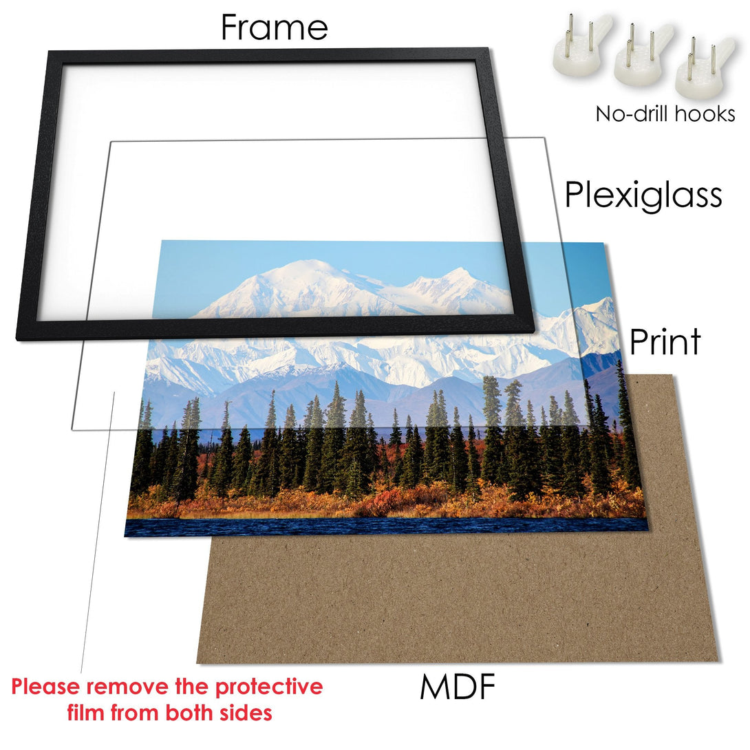 Framed Poster featuring a stunning mountain landscape print. Earthy tones and vibrant blues create a serene, natural aesthetic.