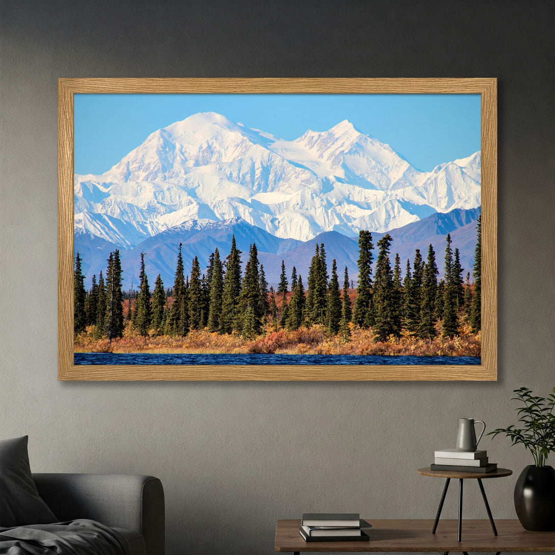 Framed Poster of majestic mountain landscape with blue, green, and white hues. Bring nature's beauty into your home!