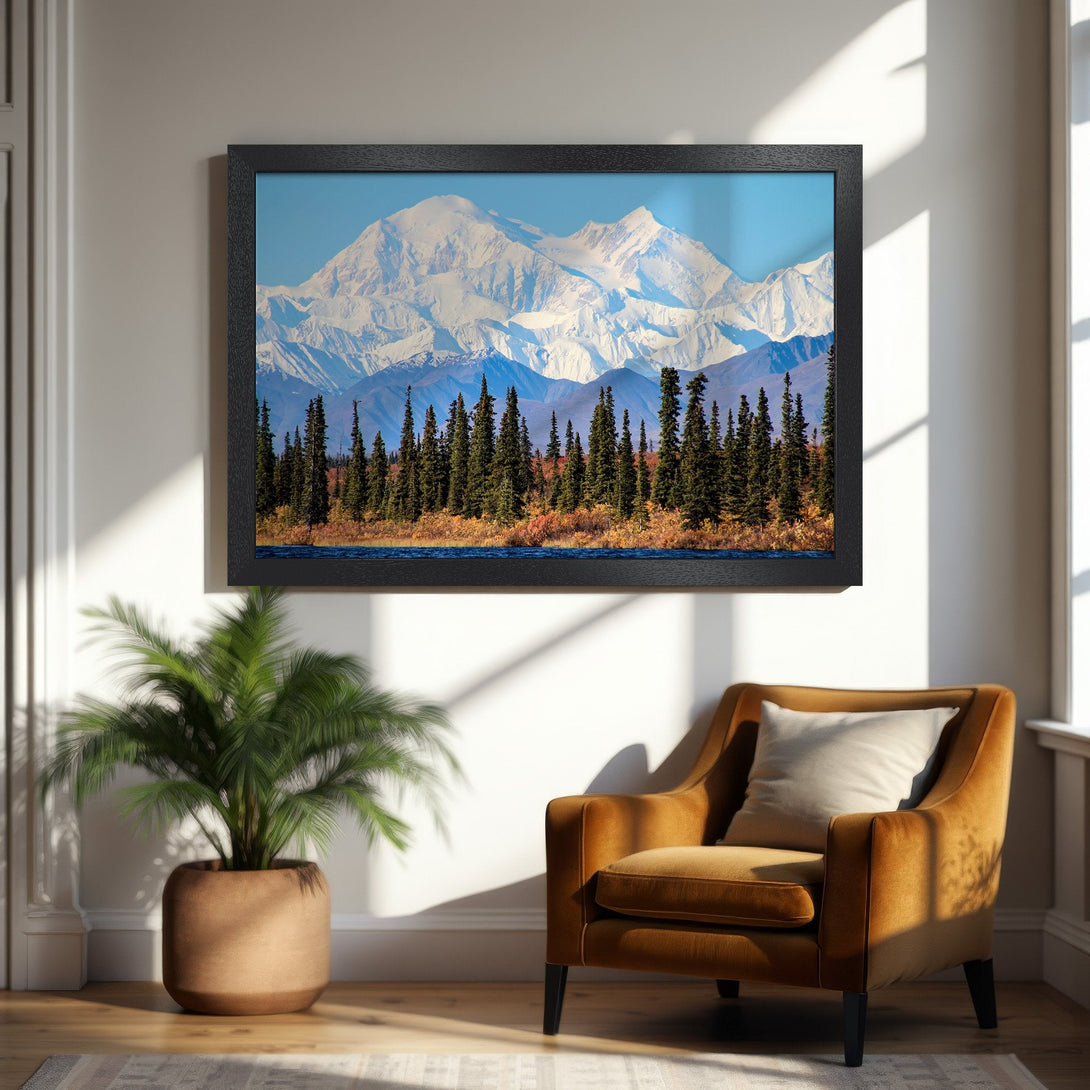 Framed Poster of majestic mountain landscape in a natural style with a blue, green, and white color palette. Perfect wall art for your home!