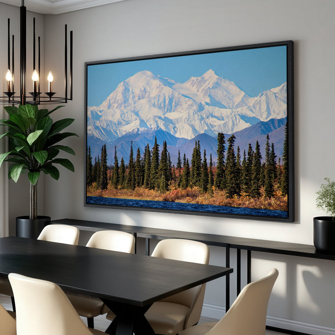 Framed Wall Art: Majestic mountain landscape Canvas Print. Blue, green, and white color palette. Perfect for adding a touch of nature to your home decor.