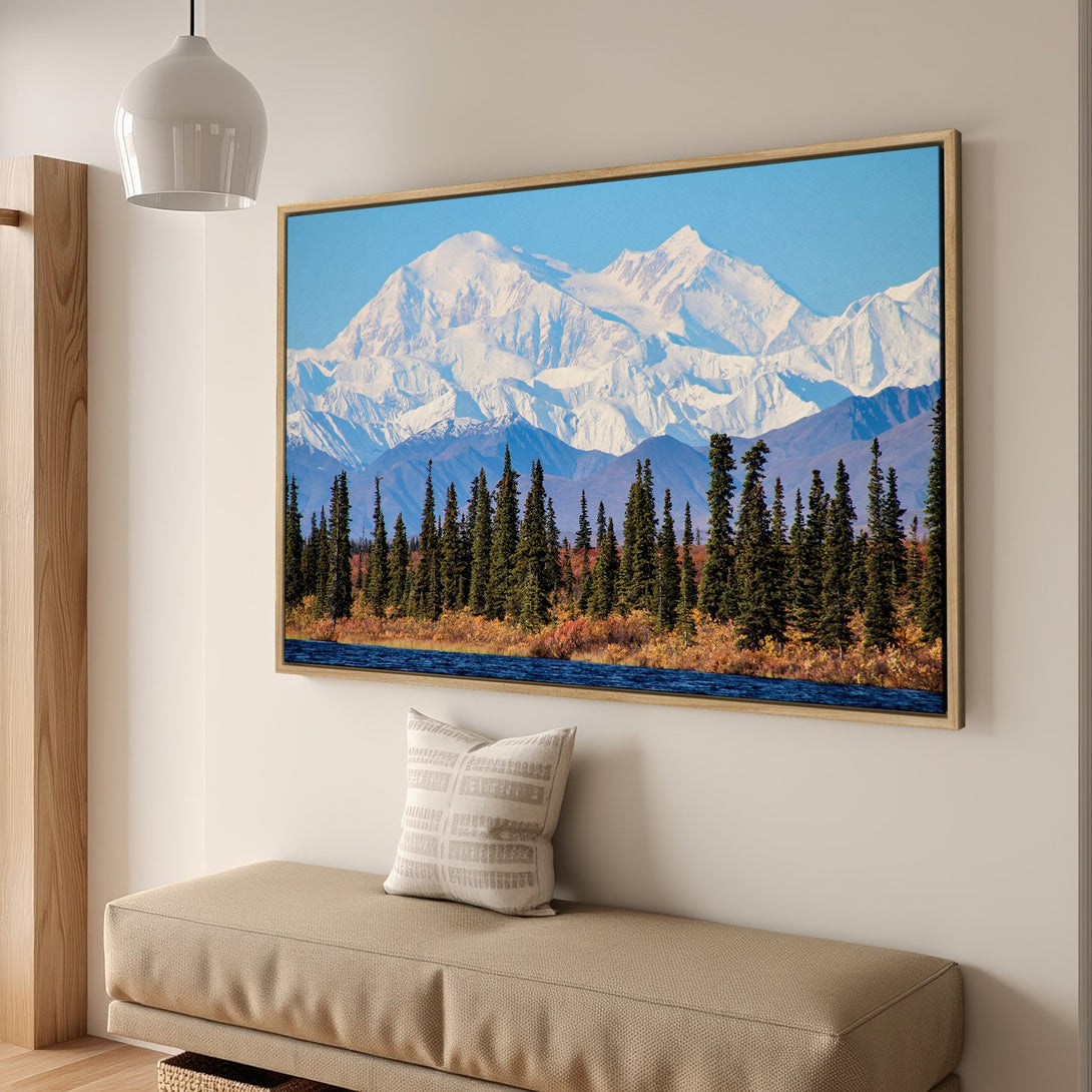 Framed Wall Art featuring a majestic mountain landscape. Earthy tones of green, blue, and white create a serene, natural aesthetic, perfect for adding a touch of nature to your home.