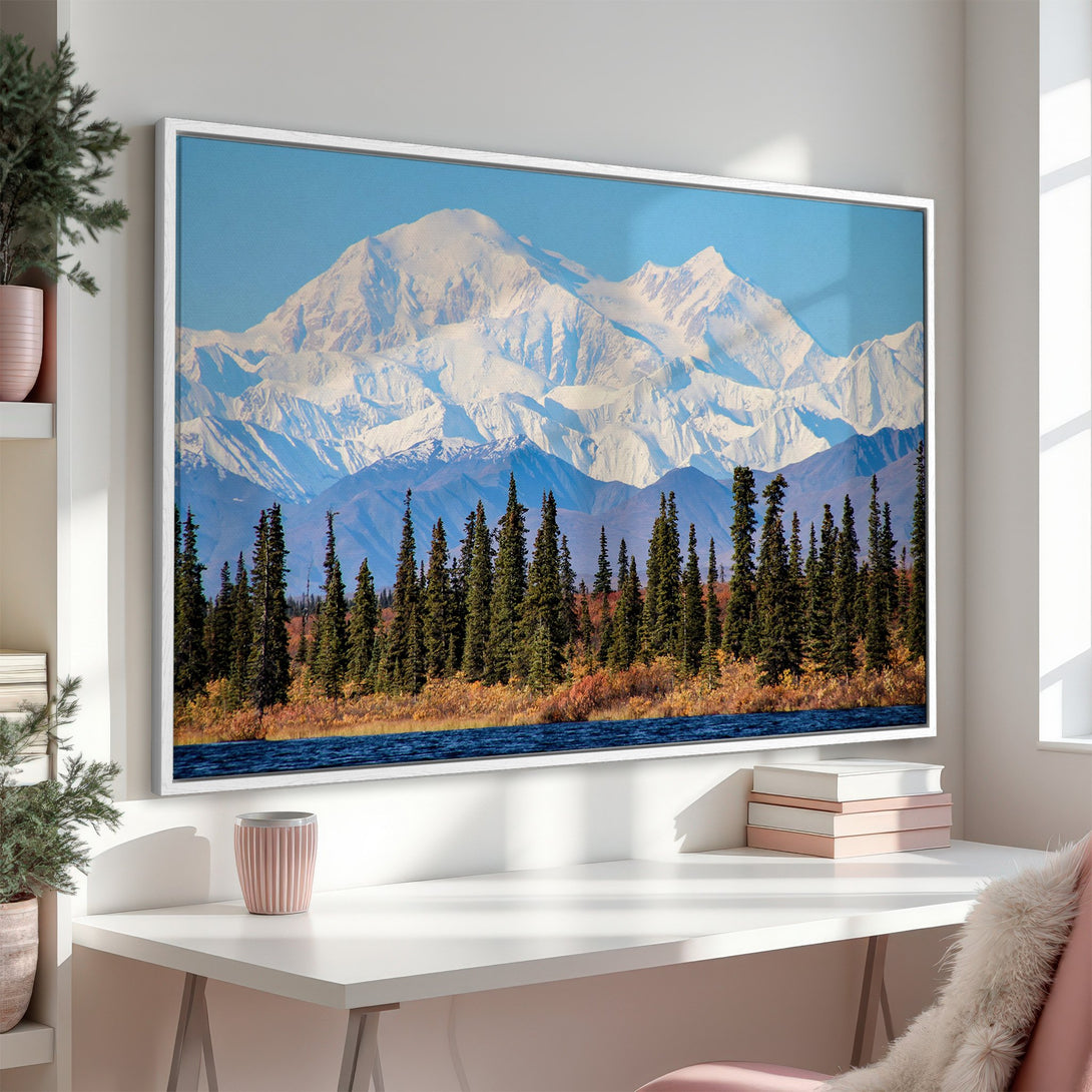 Framed Wall Art: Majestic mountain landscape canvas print with blue, green, and white color palette. Elevate your home decor with stunning nature art.