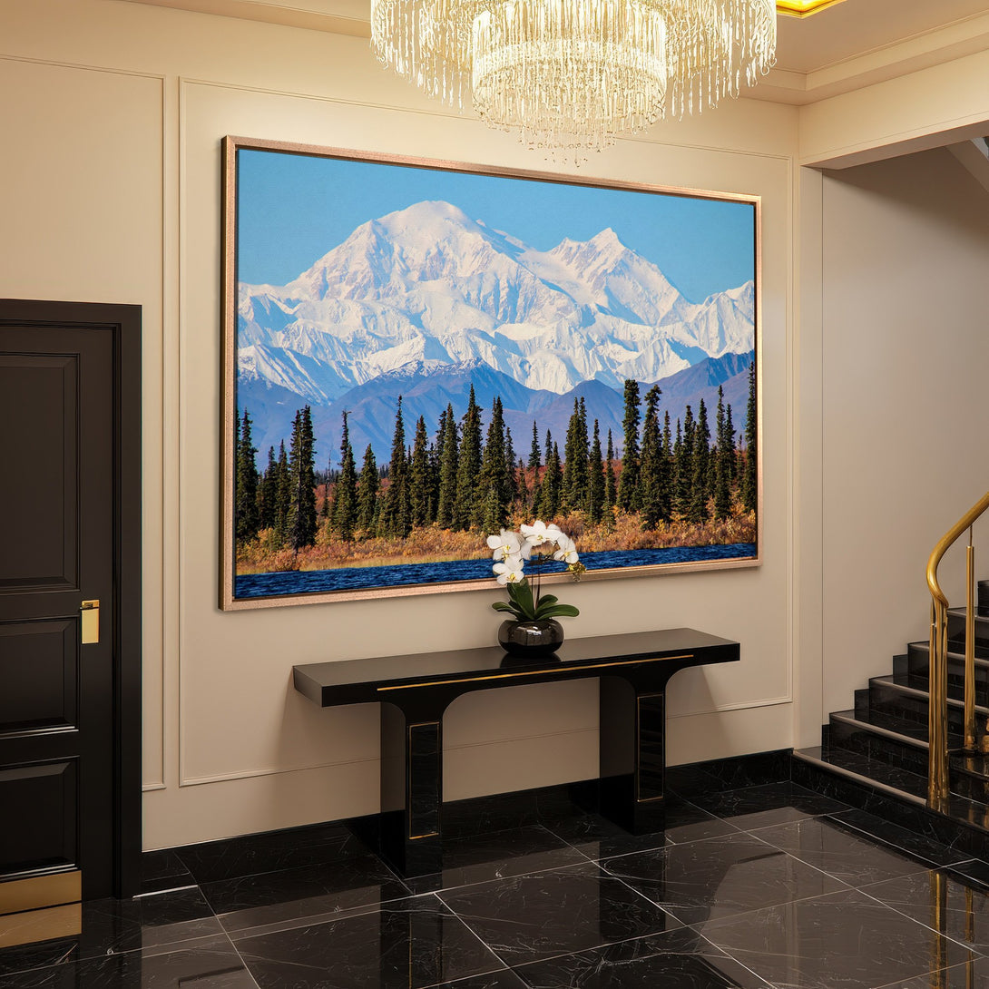 Framed Wall Art: Majestic mountain landscape Canvas Print in a luxury interior. Blue, green, and white color palette. Elevate your space!