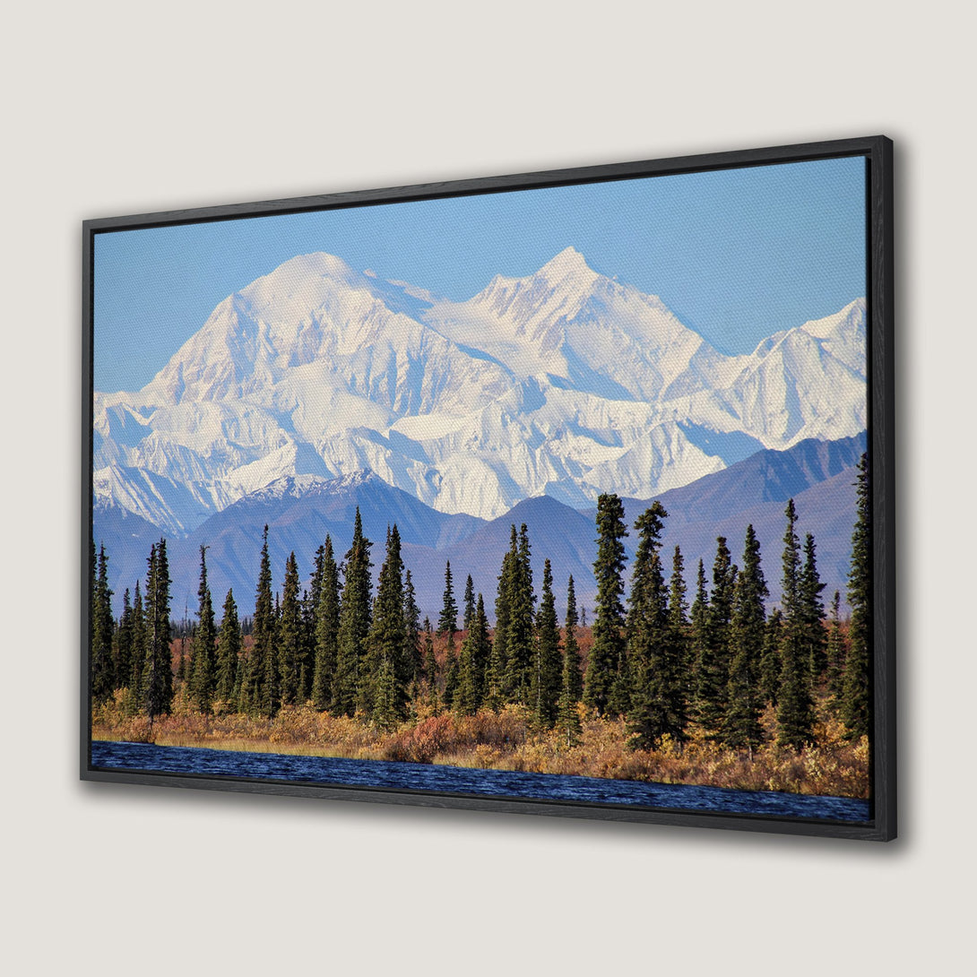 Framed Wall Art: Majestic mountain landscape Canvas Print with blue, green, and white tones. Bring the beauty of nature into your home!