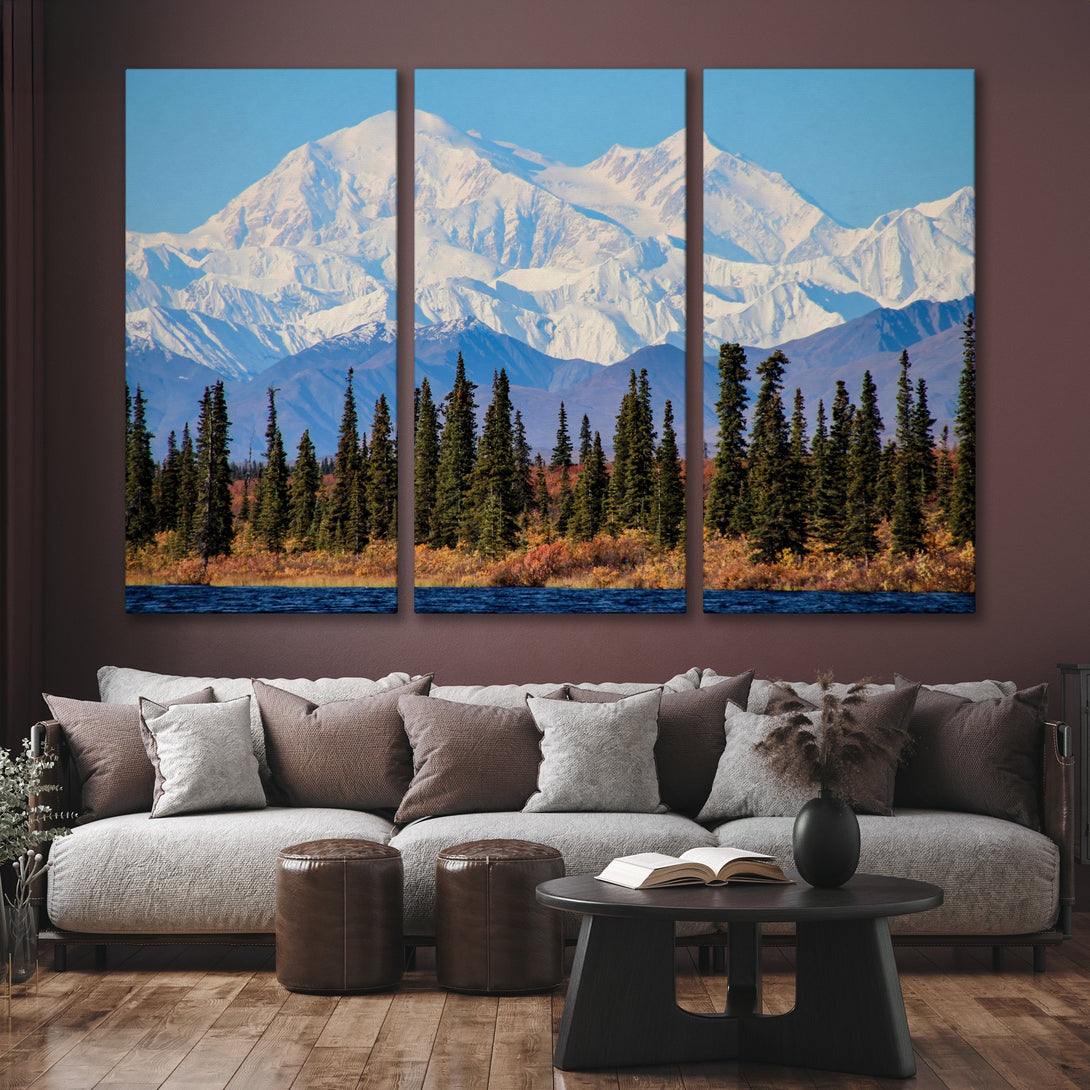 Canvas Print of a stunning mountain landscape in blue, green, and white hues, perfect for adding a touch of nature to your home decor.