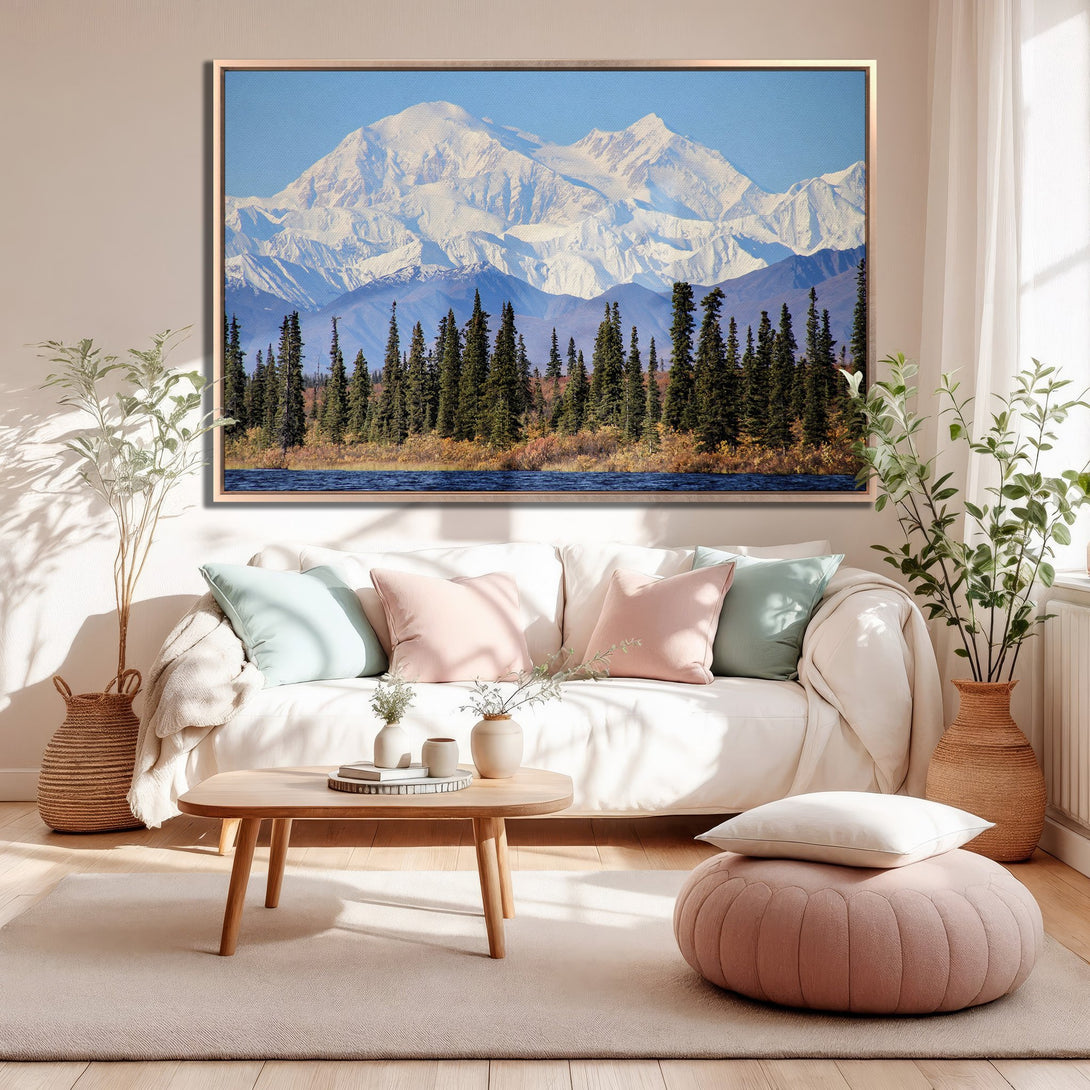 Framed Wall Art: Majestic mountain landscape Canvas Print in blue, white, and green tones. Perfect for adding a touch of nature to your home decor.