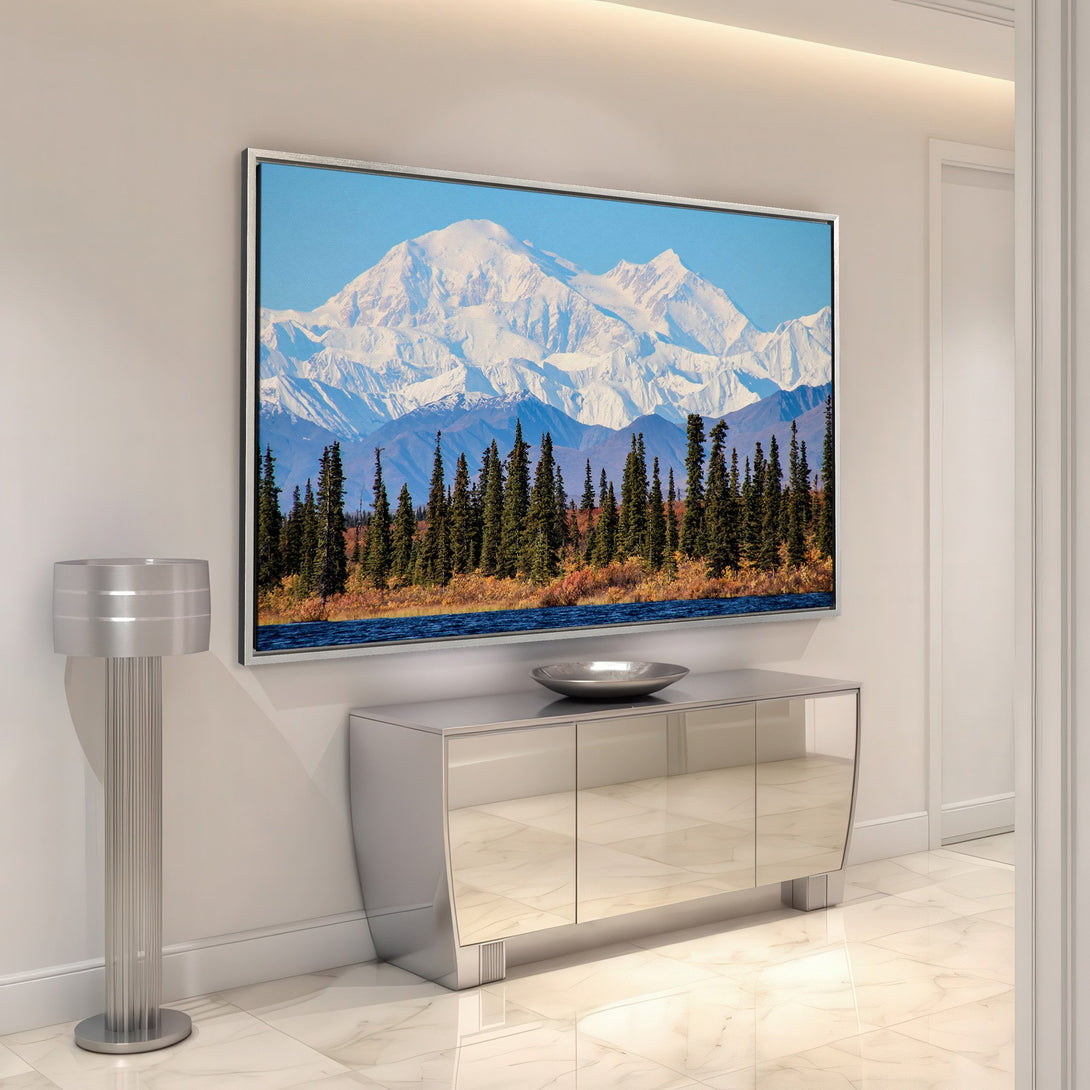 Framed Wall Art: Majestic mountain landscape canvas print. Blue, green, and white color palette. Modern interior design. Elevate your space with stunning wall decor.