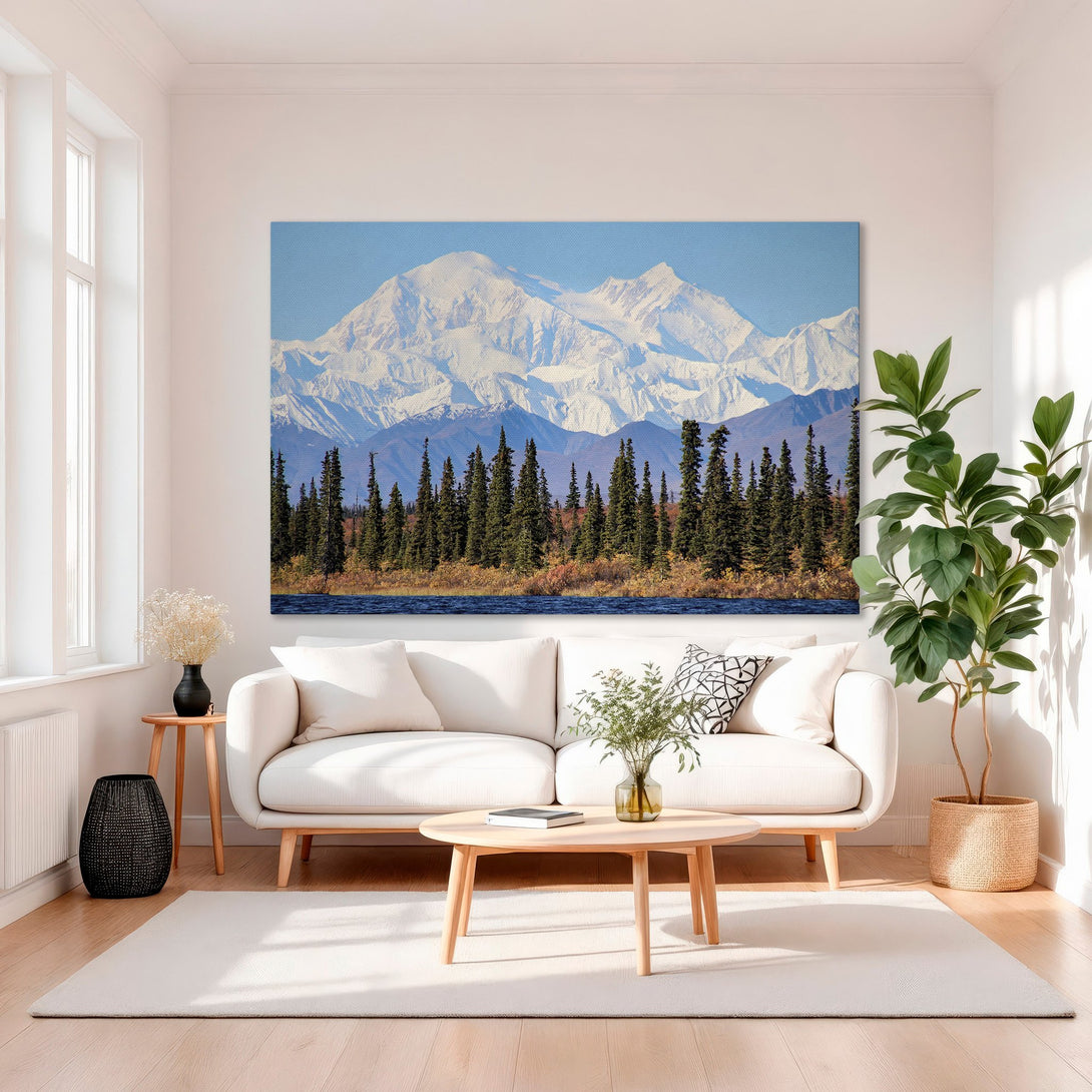 Framed Wall Art of majestic mountain landscape. Blue, green, and white color palette. Adds a touch of nature to any room.