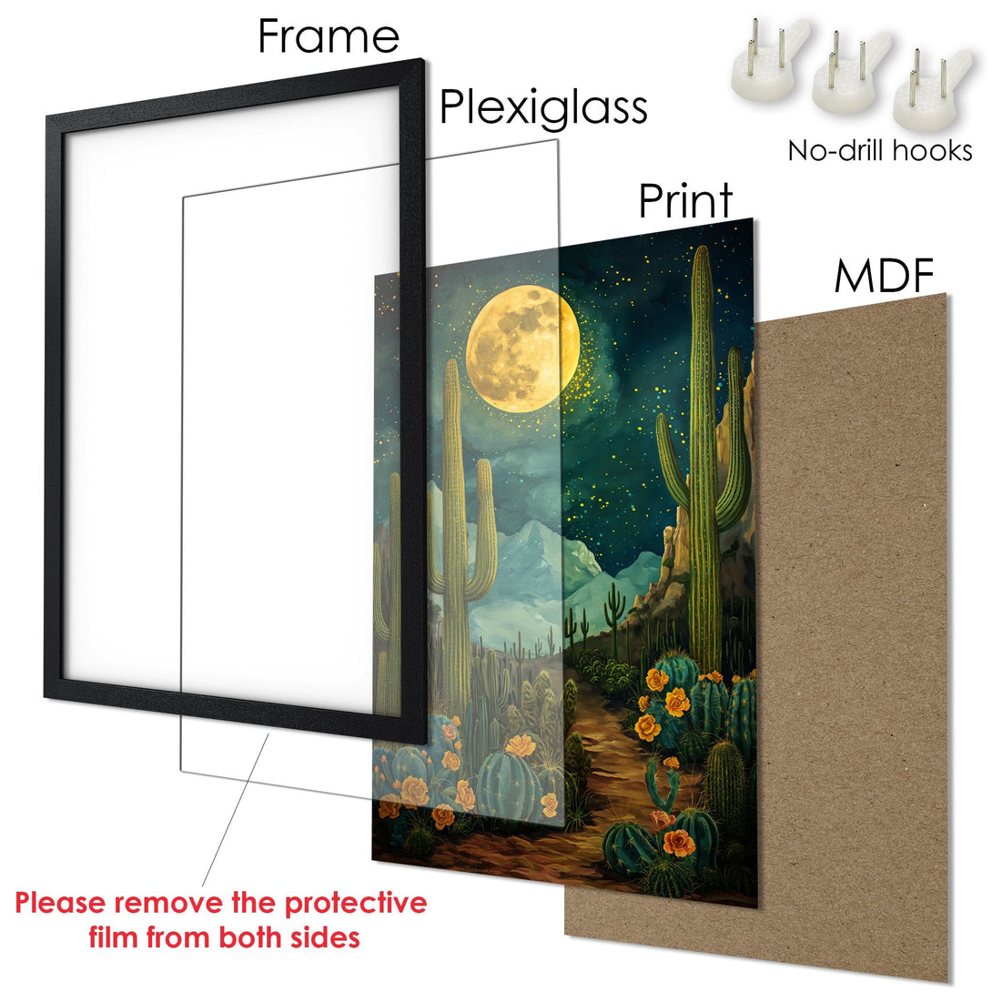 Framed Poster: Desert landscape art with cacti, full moon, and a warm color palette. Enhance your space with this stunning Poster!