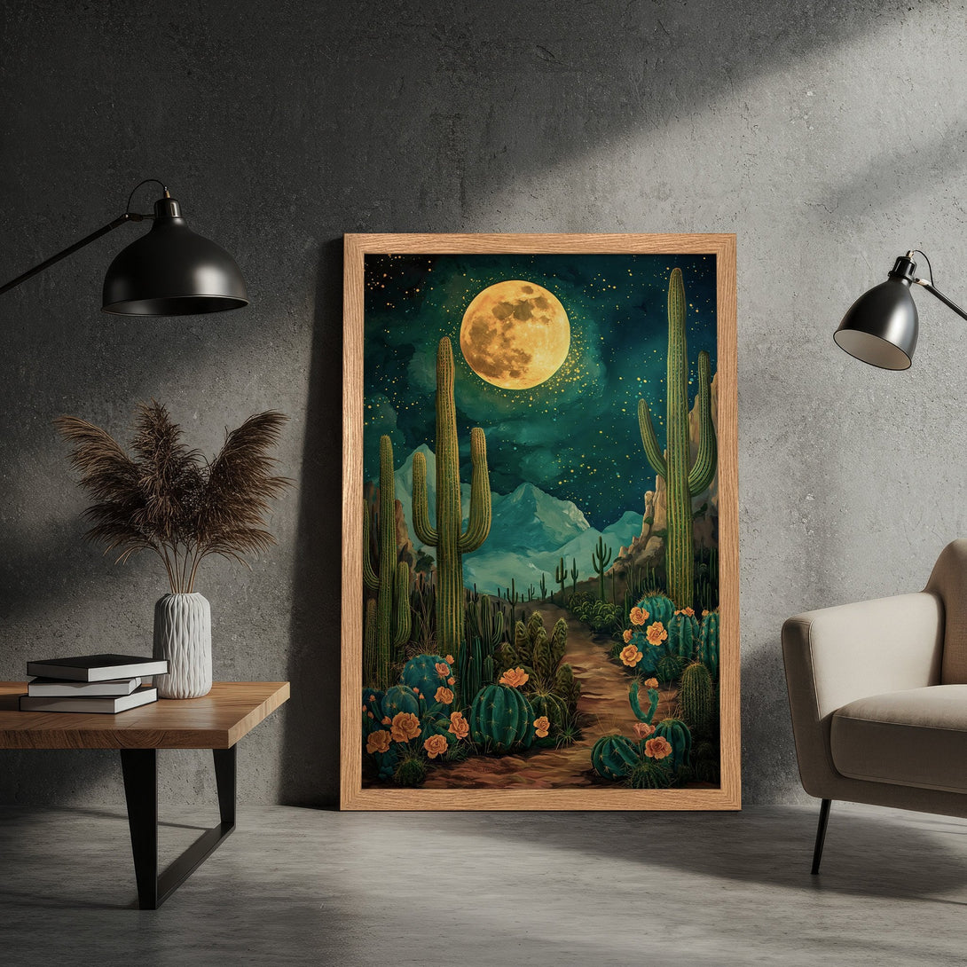 Framed Poster featuring a desert landscape with cacti, a full moon, and a warm color palette. Perfect wall art!