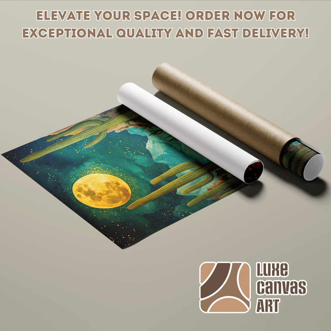 Poster Roll featuring a desert landscape with a full moon, in a vibrant, artistic style with teal, yellow, and green hues.