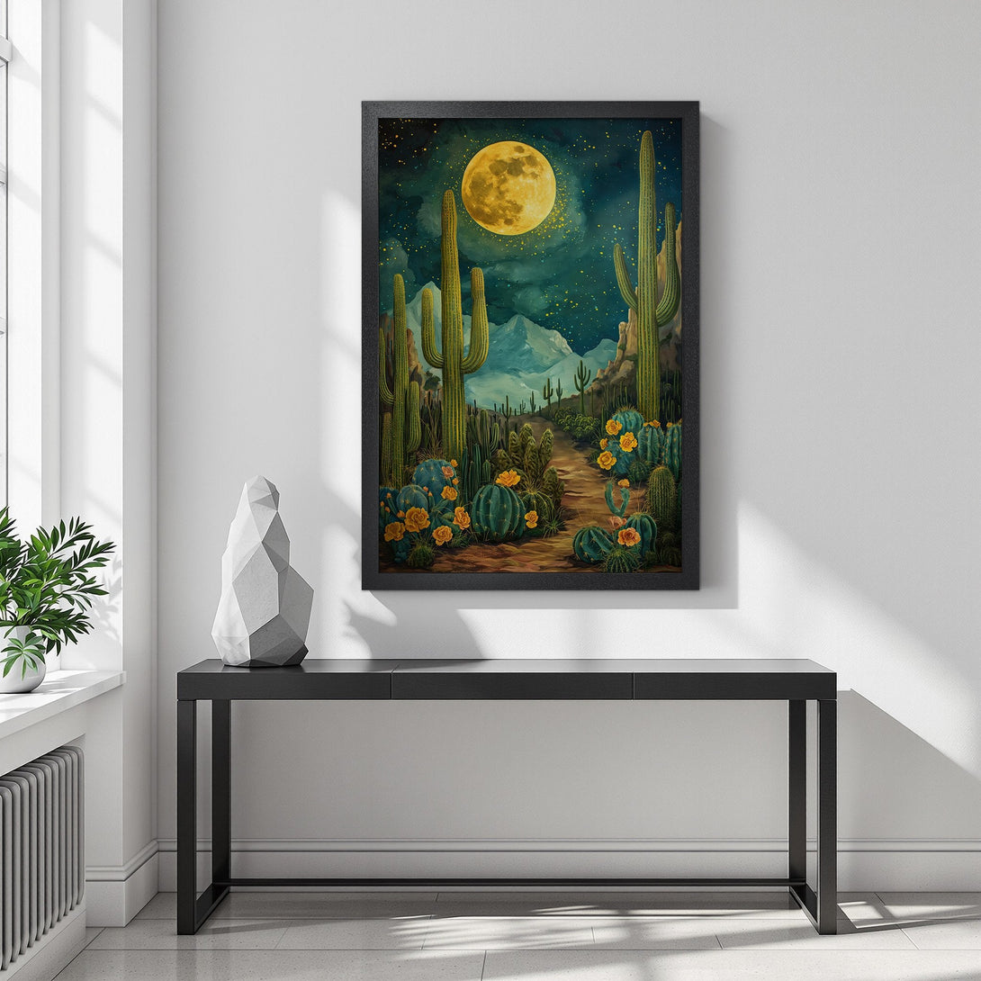 Framed Poster featuring a desert landscape with cacti, a full moon, and a warm color palette. Perfect wall art for your home!