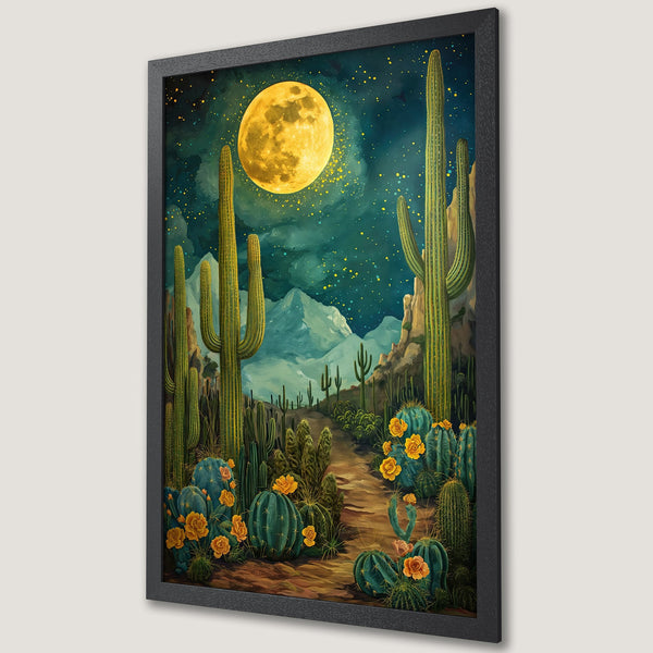 Framed Poster featuring a desert landscape with cacti, a full moon, and a vibrant, warm color palette. Perfect wall art!