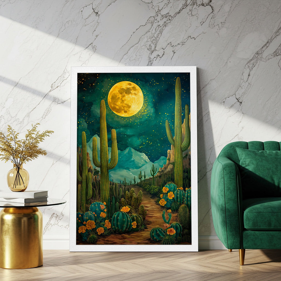 Framed Poster featuring a desert landscape with cacti, a full moon, and a teal, yellow, and green color palette. Perfect wall art!