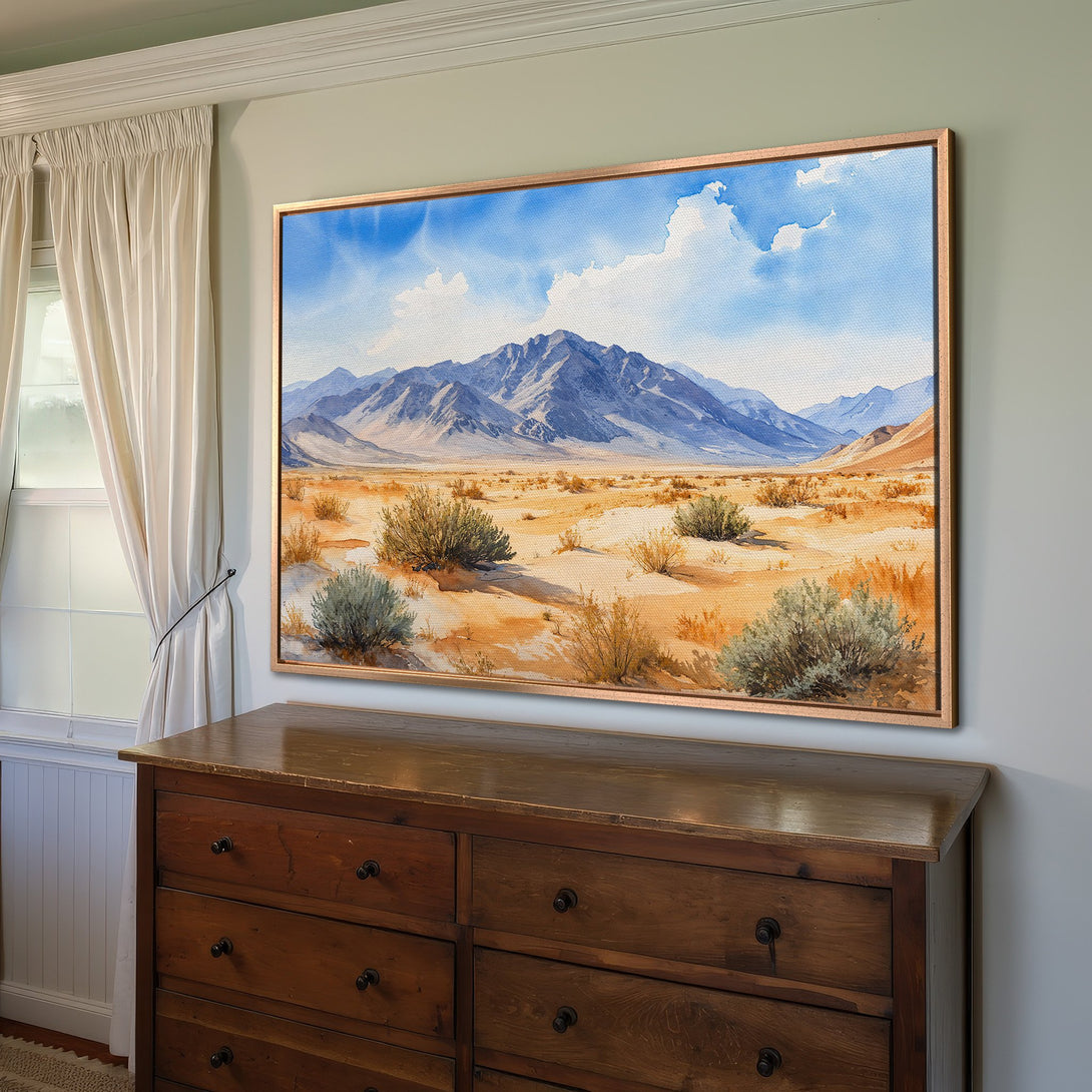 Framed Wall Art: Watercolor landscape Canvas Print with desert scene in warm earth tones and blue sky. Perfect for adding a touch of nature to your home.