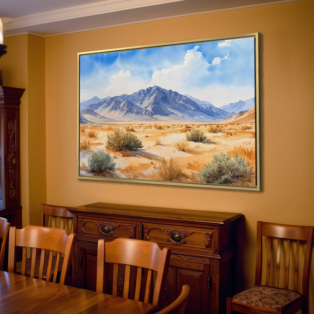 Canvas Print of a desert landscape in watercolor style, showcasing blue mountains and warm, earthy tones. Perfect for adding a touch of nature.