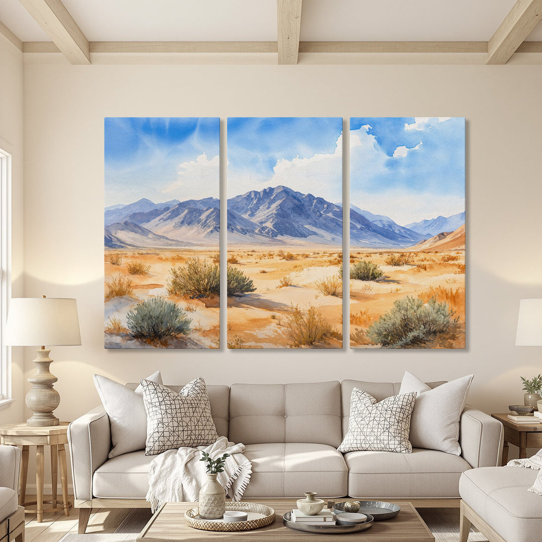 Canvas Print showcasing a watercolor desert landscape with mountains and blue sky. Earthy tones and a serene style for modern home decor.