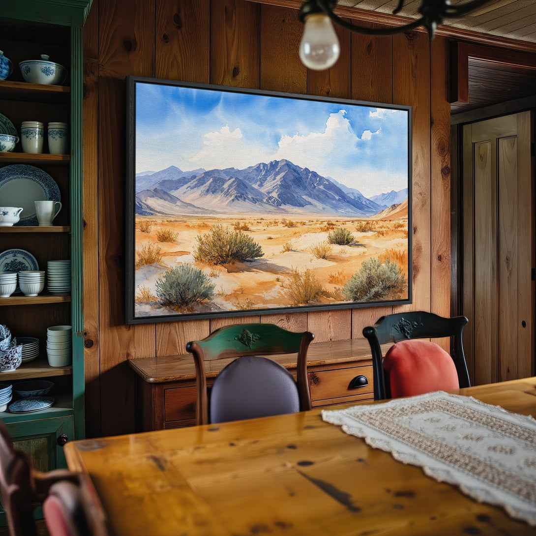 Framed Wall Art: Watercolor landscape Canvas Print in warm desert tones. Bring the beauty of nature indoors with this stunning artwork!