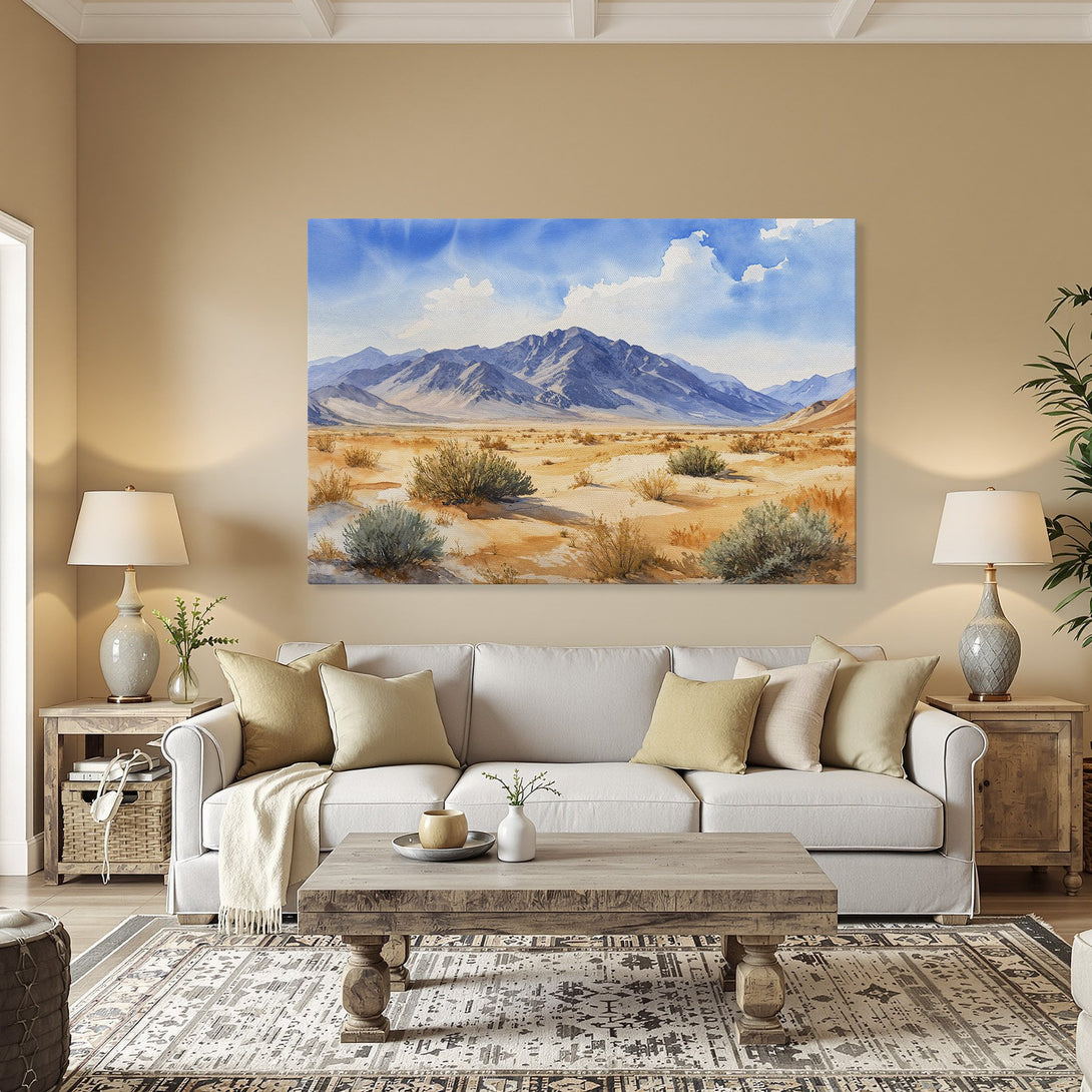 Framed Wall Art: Watercolor desert landscape painting with blue sky & mountains. Earthy tones of beige, brown, and blue. Perfect for home decor.