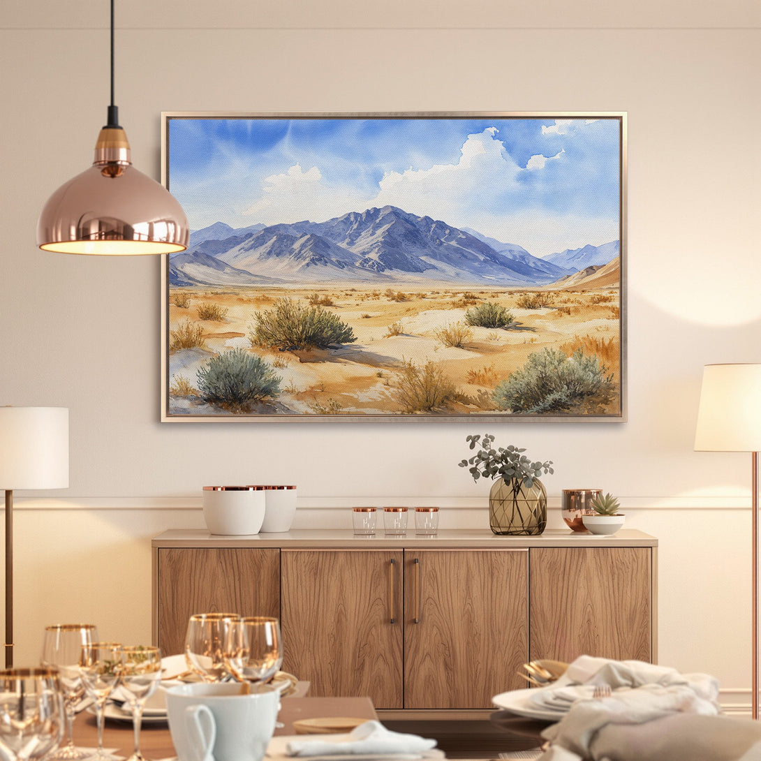 Framed Wall Art: Watercolor desert landscape Canvas Print in blue, beige, and green. Add serene beauty to your home decor.