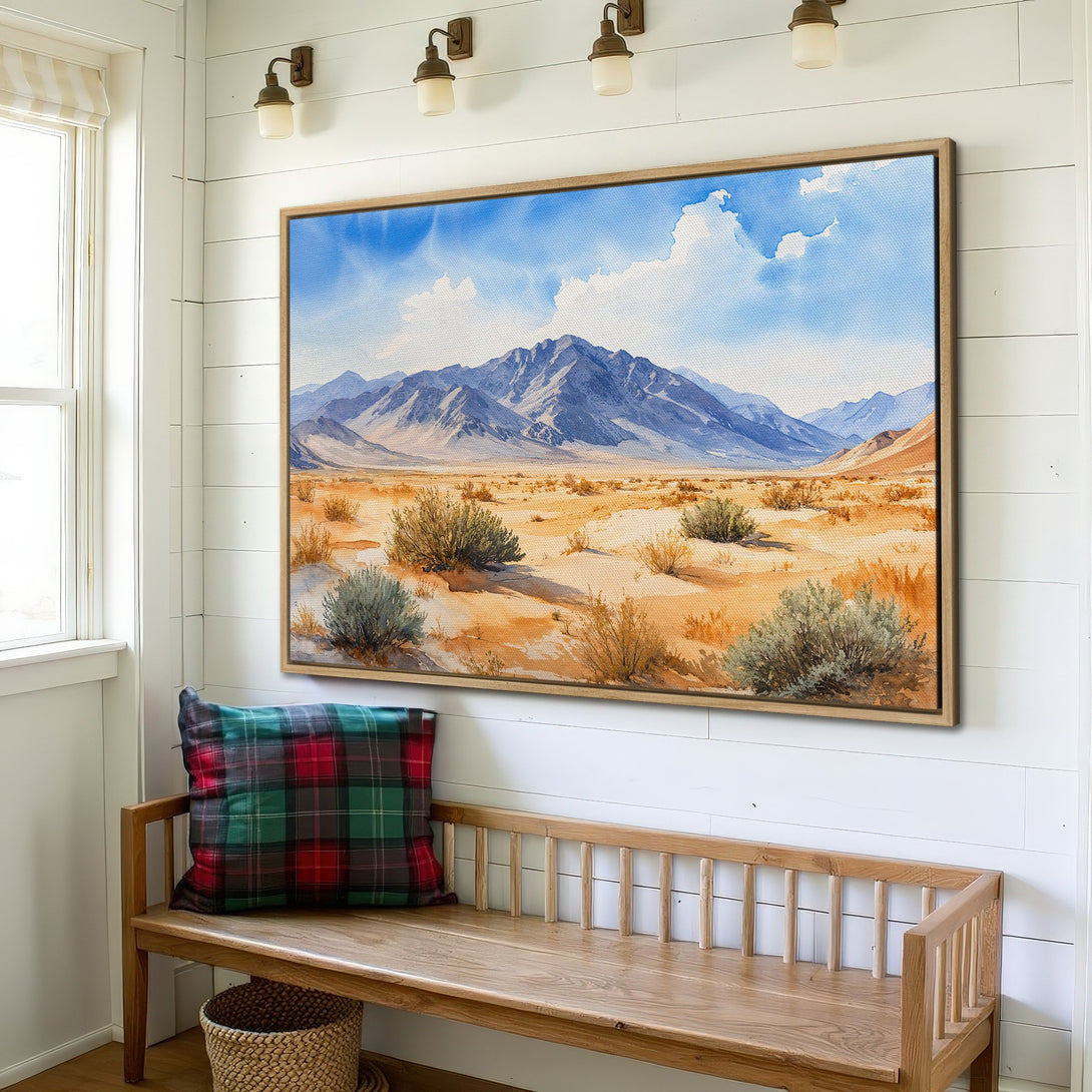 Framed Wall Art: Watercolor desert landscape with blue mountains and warm earth tones. Perfect for adding a touch of nature to your home decor.