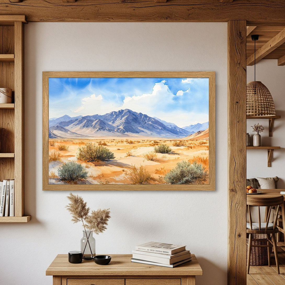 Framed Poster of a desert landscape in watercolor style. Featuring a blue, beige, and green color palette. Perfect wall art!