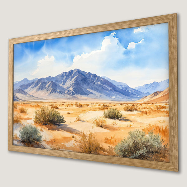 Framed Poster of a desert landscape in watercolor style with a warm color palette of blues, yellows, and greens.