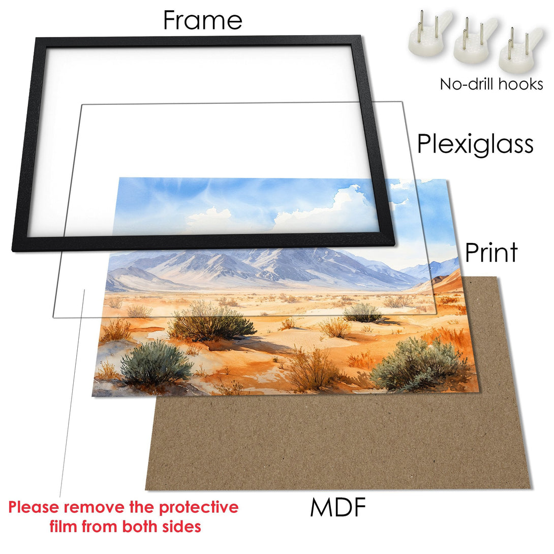 Framed Poster of a desert landscape in watercolor style, featuring a blue sky and warm earth tones. Ready to hang!