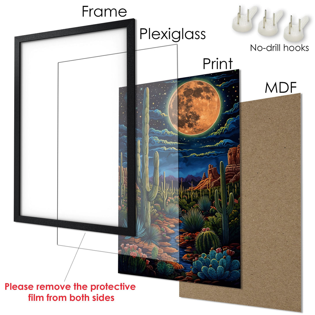 Framed Poster featuring a desert landscape with a vibrant color palette. Bring the beauty of nature into your home!