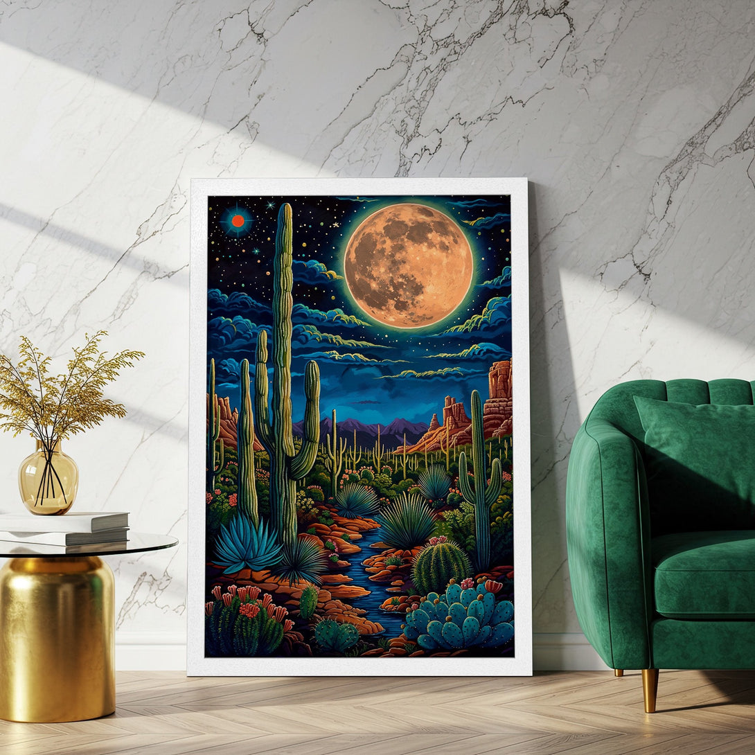 Framed Poster of a vibrant desert landscape with a full moon. Bold, colorful art in a retro style. Perfect wall decor!