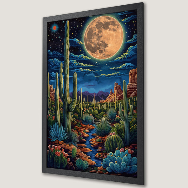 Framed Poster featuring a desert landscape with cacti under a starry night sky. Vibrant colors and a stylized illustration.