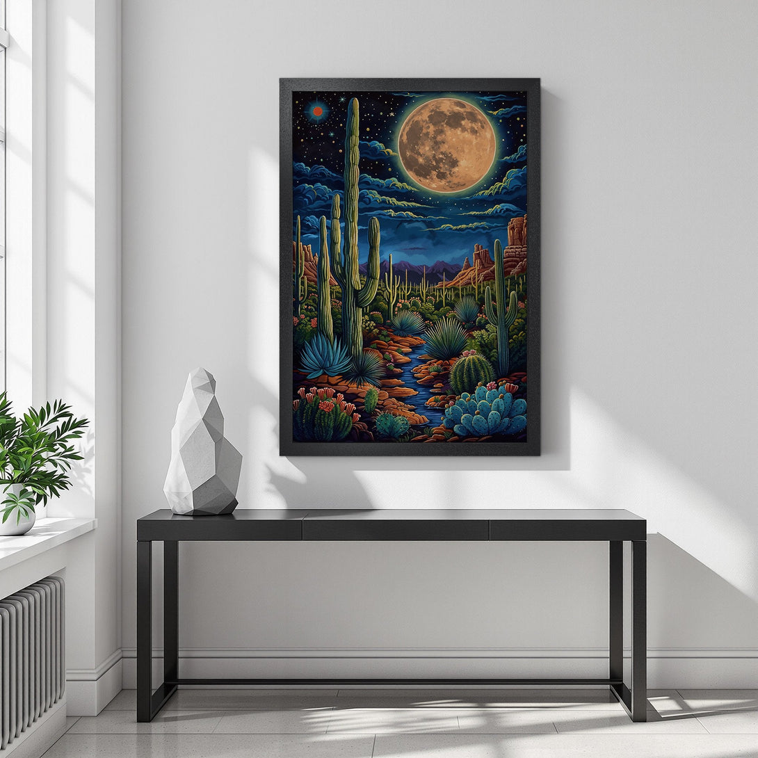 Framed Poster of a desert landscape with a vibrant color palette and a large moon. Perfect wall art for your home!