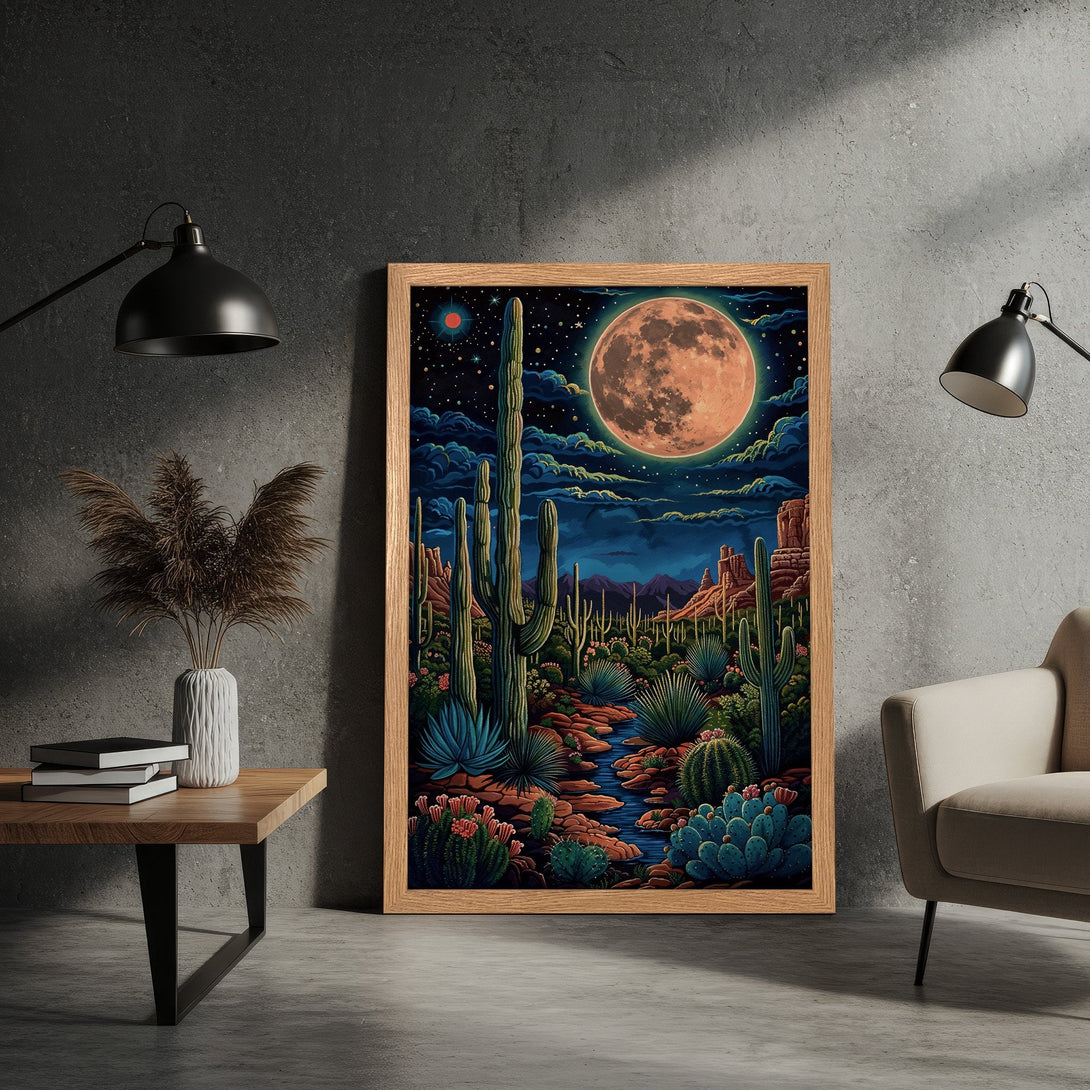 Framed Poster featuring a vibrant desert landscape with cacti and a large moon, in a stylized, colorful art style.