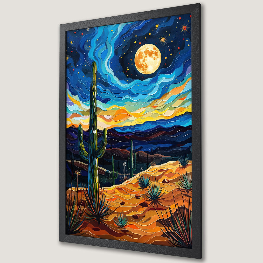 Framed Poster of a desert landscape with a vibrant color palette, featuring cacti under a starry night sky. Perfect wall art!