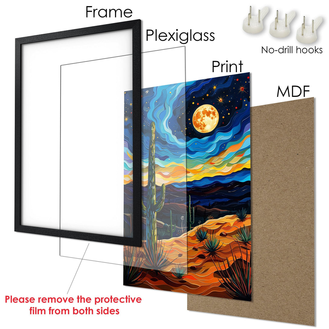 Framed Poster featuring a desert landscape art print with vibrant colors and a modern style. Ready to hang!