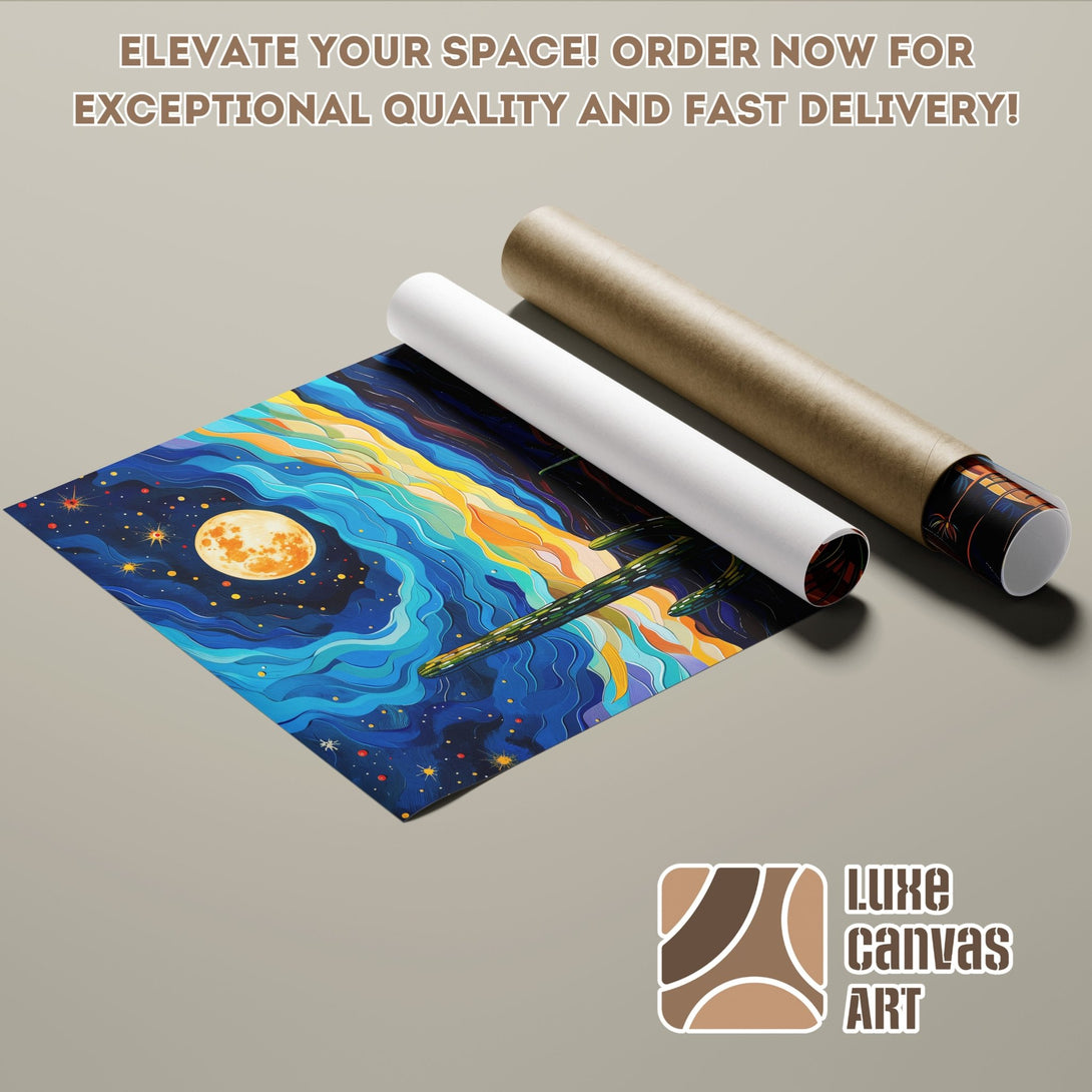 Poster Roll featuring a vibrant desert landscape art print in blues, yellows, and oranges. Elevate your space with Luxe Canvas Art!