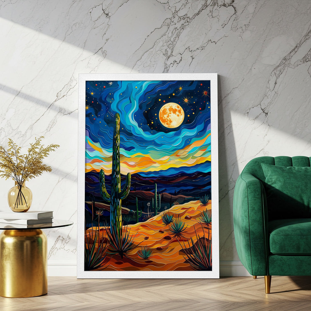 Framed Poster of a desert landscape with a vibrant color palette and a unique artistic style. Perfect wall art!