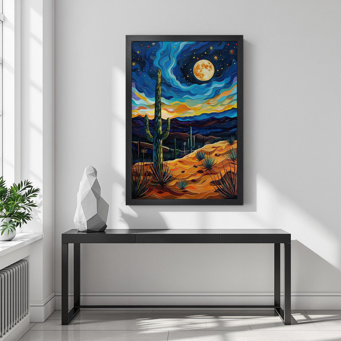 Framed Poster of desert landscape with cactus, full moon, and starry sky. Vibrant blues, oranges, and greens. Perfect wall art.