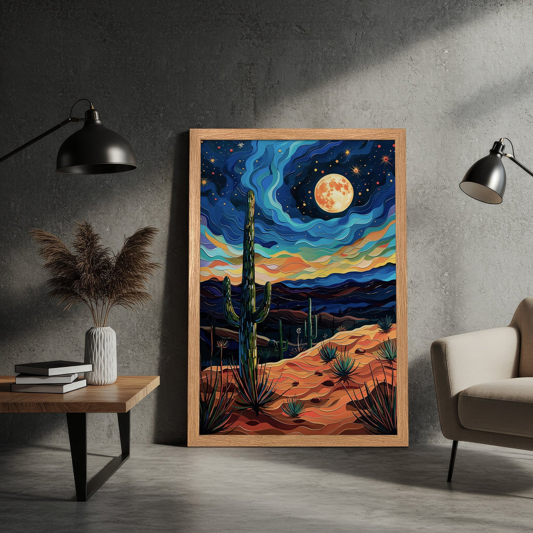 Framed Poster of a desert landscape with cacti, moon, and stars. Artistic style with a vibrant blue, orange, and brown color palette. Perfect wall art!