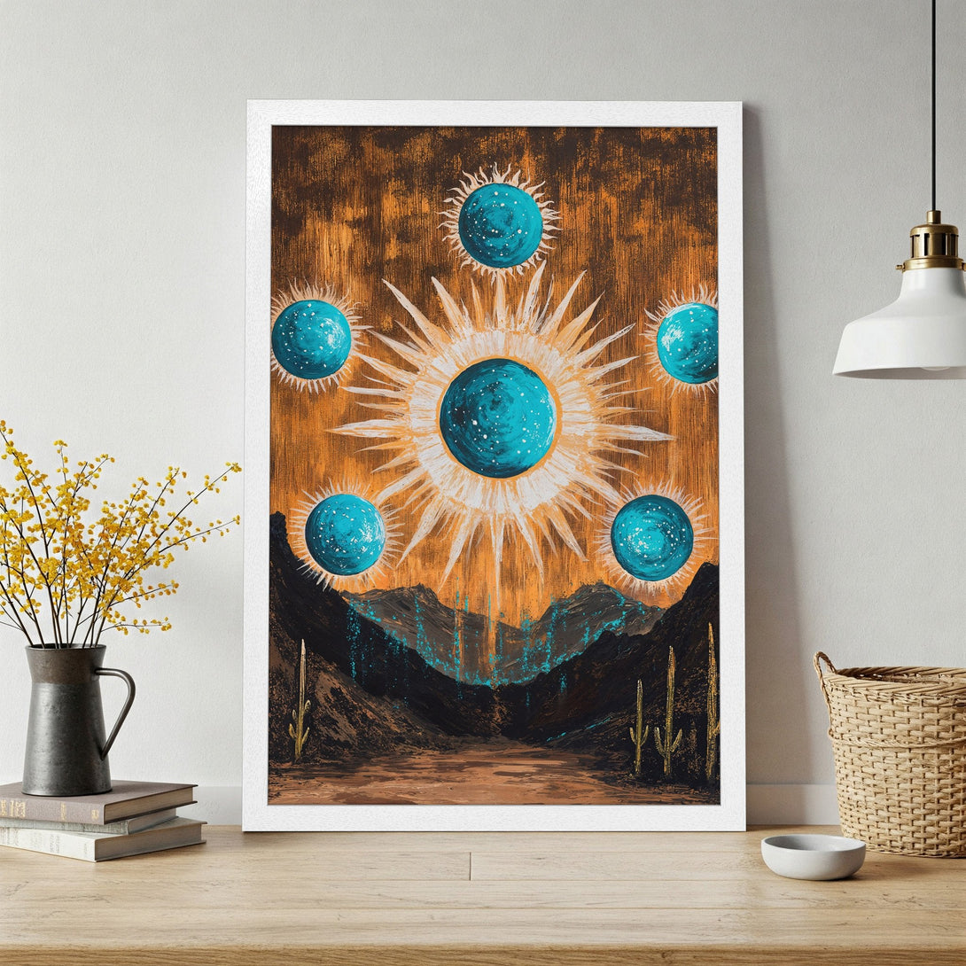 Framed Poster featuring a celestial desert landscape in teal, orange, and brown tones. Modern art print for home decor.