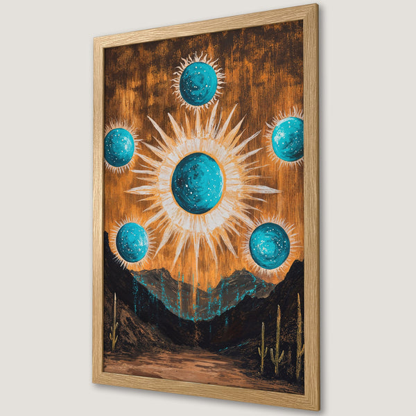 Framed Poster featuring celestial desert landscape art in turquoise, brown, and gold colors. Perfect wall decor!
