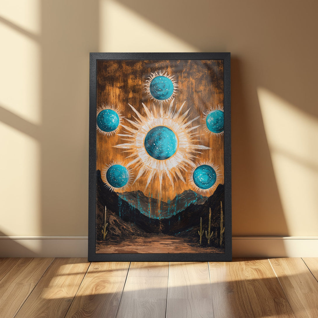 Framed Poster featuring a celestial desert landscape in a warm, earthy palette with turquoise accents. Modern art for your home!